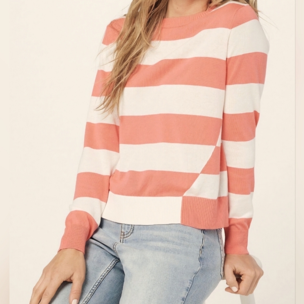 Candace Cameron Bure Soft Sweater White and Coral Stripes Women's Size 1X